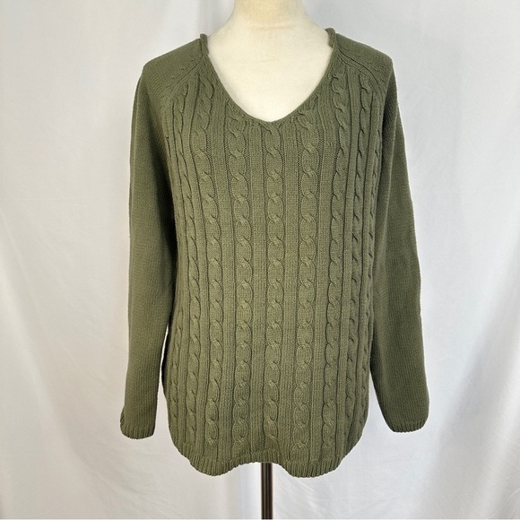 Route 66‎ Original Cable Knit Fisherman Sweater Womens Large Army Green Vneck - Picture 1 of 10